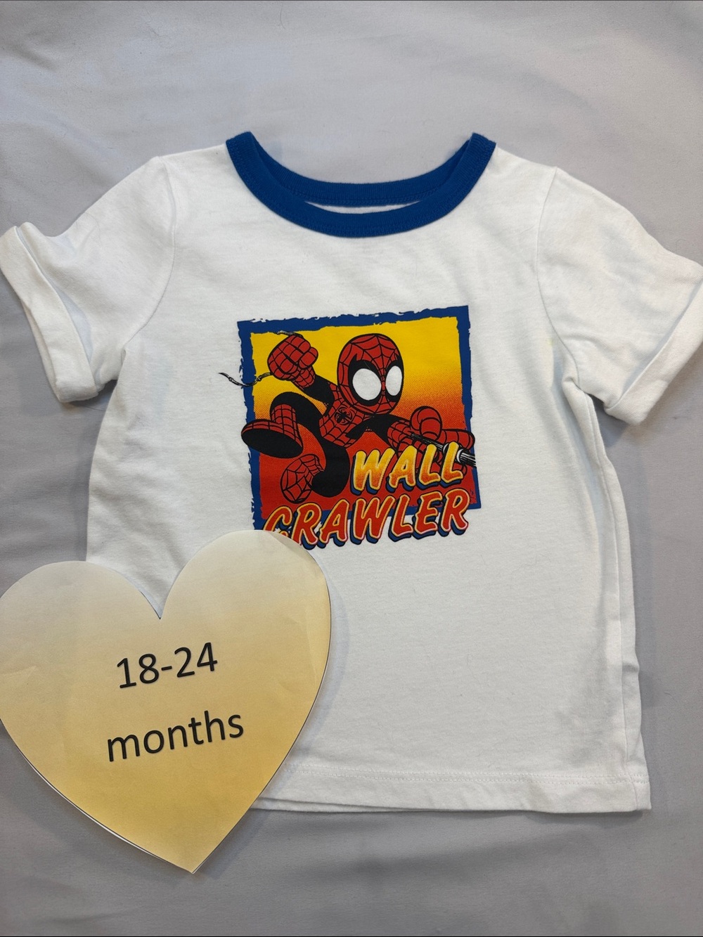 Joe Fresh NWOT White Tee with Blue Collar and Red/Yellow Wall Crawler Graphic
